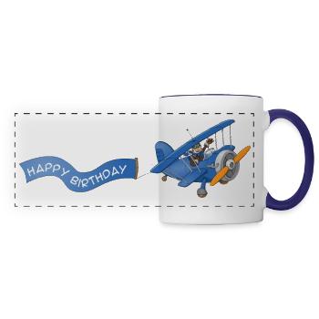 Flugzeug mit Happy-Birthday-Banner - Panoramatasse - Weiß/Kobaltblau - Vorne