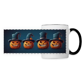 Quatre citrouilles drôles d’Halloween avec chapeau haut de forme - Mug panoramique contrasté et blanc - blanc/noir - Devant