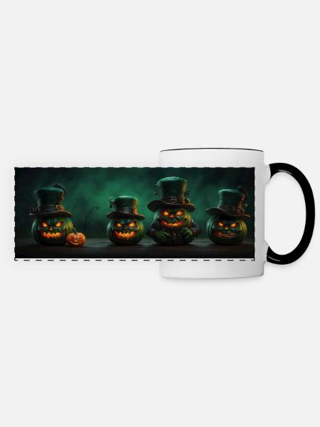 Vier lustige Halloweenkürbisse mit Zylinder - Panoramatasse - Weiß/Schwarz