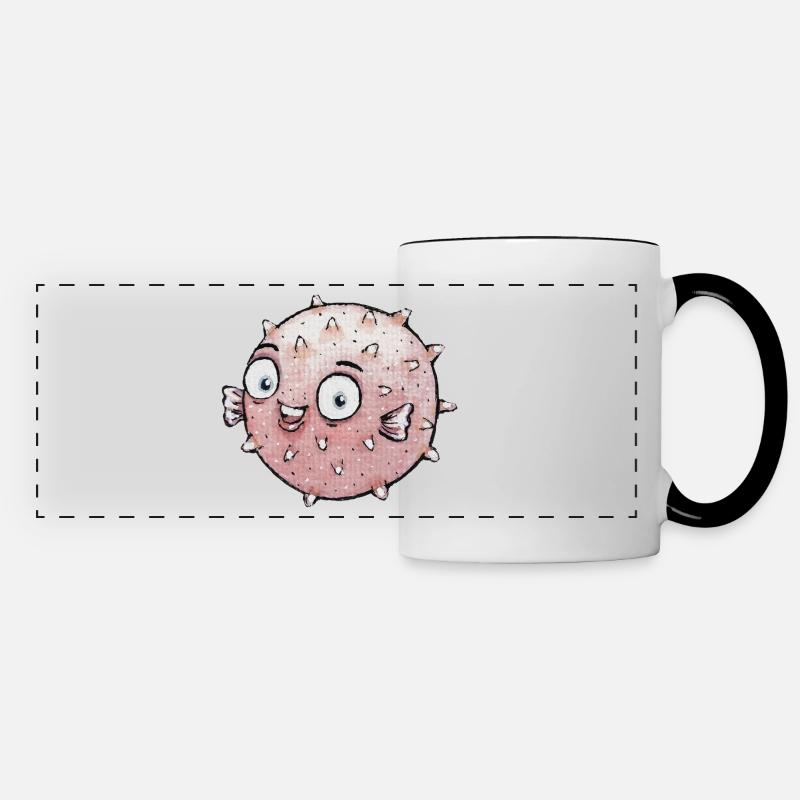 Watercolor Puffer Fish Comic Save the Seas - Panoramic Mug - white/black