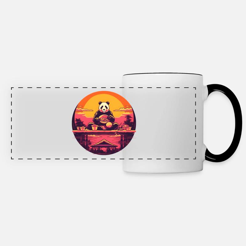 Synthwave mangeant Panda Japon Coucher de soleil - Mug panoramique contrasté et blanc - blanc/noir