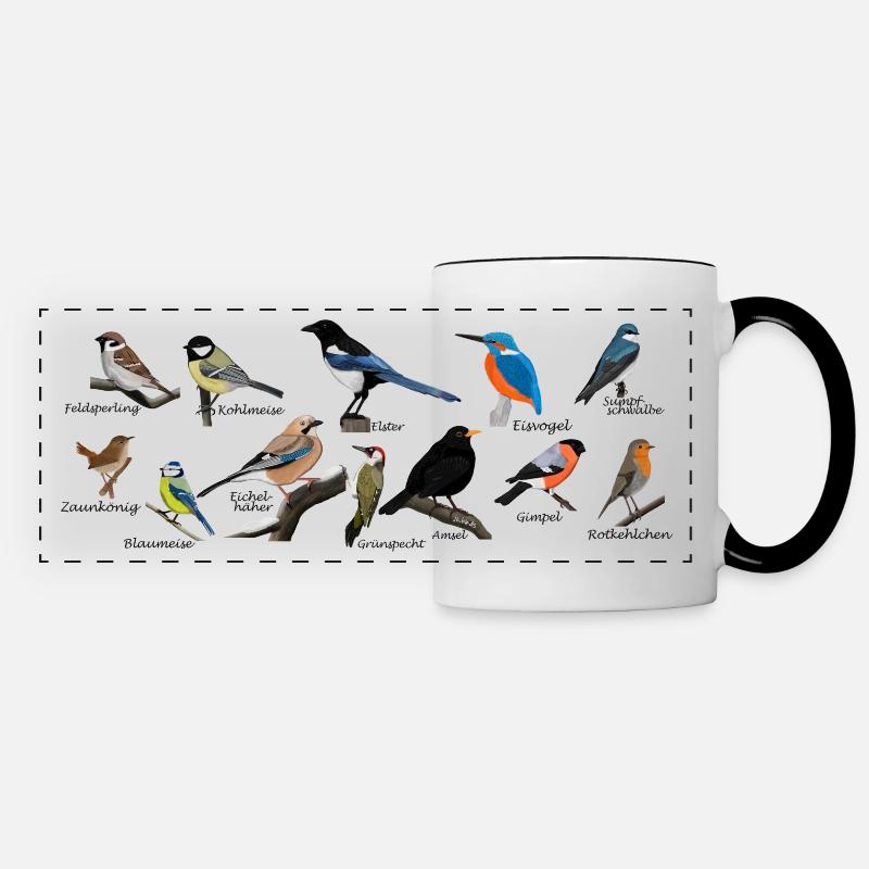Gartenvögel Amsel Gimpel Eisvogel Elster Specht - Panoramatasse - Weiß/Schwarz