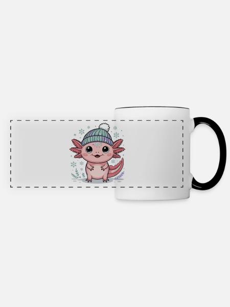 Axolotl mit Strickmütze - Panoramatasse - Weiß/Schwarz