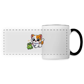 Cute ginger white Cat met a frog - Panoramic Mug - white/black - Front