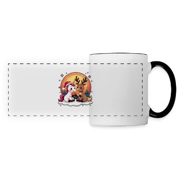 Einhorn & Rentier mit Schneeflocken Geschenk - Panoramatasse - Weiß/Schwarz - Vorne