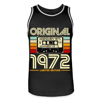 Originale Retro-Kassette von 1972 - Männer Basketball-Trikot - Schwarz/Weiß - Vorne - AI Model Male 185 dark (185cm)
