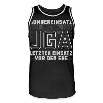  Sondereinsatz JGA – Letzter Einsatz vor der Ehe - Männer Basketball-Trikot - Schwarz/Weiß - Vorne - AI Model Male 185 dark (185cm)
