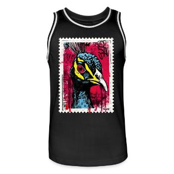 Pfau mit pinkem Blick im Streetart-Look - Männer Basketball-Trikot - Schwarz/Weiß - Vorne - AI Model Male 185 dark (185cm)