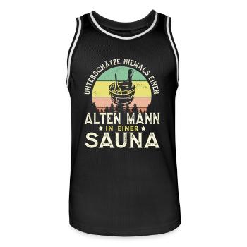 Ne sous-estimez jamais un vieil homme dans un sauna - Maillot de basket Homme - noir/blanc - Devant - AI Model Male 185 dark (185cm)