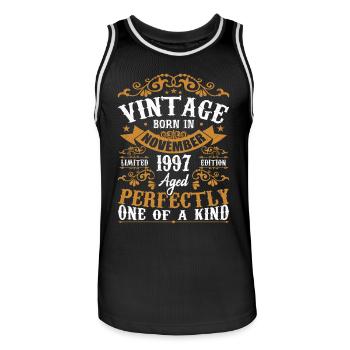 Vintage November 1997 Anniversary November 1997 - Men's Basketball Jersey - black/white - Front - AI Model Male 185 dark (185cm)