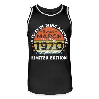 54 Years Old Made In 1970 Vintage March 1970 - Men's Basketball Jersey - black/white - Front - AI Model Male 185 dark (185cm)