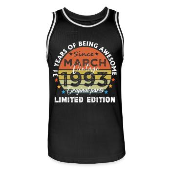 31 Years Old Made In 1993 Vintage March 1993 - Men's Basketball Jersey - black/white - Front - AI Model Male 185 dark (185cm)