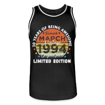 30 Jahre alt Baujahr 1994 Jahrgang März 1994 - Männer Basketball-Trikot - Schwarz/Weiß - Vorne - AI Model Male 185 dark (185cm)