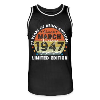 77 Jahre alt Baujahr 1947 Jahrgang März 1947 - Männer Basketball-Trikot - Schwarz/Weiß - Vorne - AI Model Male 185 dark (185cm)