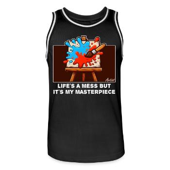 LIFE'S A MESS BUT IT'S MY MASTERPIECE - Men's Basketball Jersey - black/white - Front - AI Model Male 185 dark (185cm)