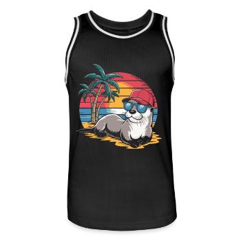 Loutre avec lunettes de soleil et casquette de baseball sur la plage - Maillot de basket Homme - noir/blanc - Devant - AI Model Male 185 dark (185cm)