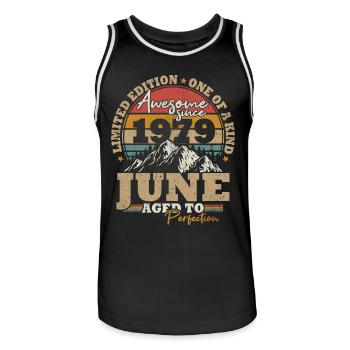 June 1979 Vintage Birthday Gift 44 Years - Men's Basketball Jersey - black/white - Front - AI Model Male 185 dark (185cm)
