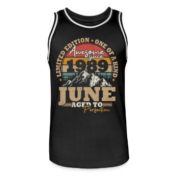 June 1989 Vintage Birthday Gift 34 Years - Men's Basketball Jersey - black/white - Front - AI Model Male 185 dark (185cm)