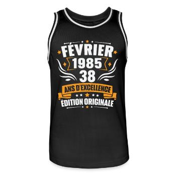 Vintage Cadeau Février 1985, 38 Ans Anniversaire - Maillot de basket Homme - noir/blanc - Devant - AI Model Male 185 dark (185cm)