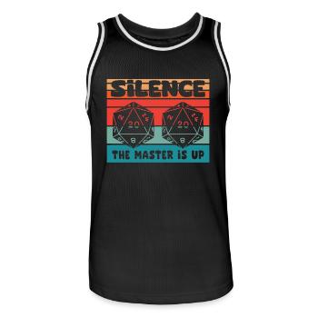 Silence! The Master Is Up D20 Cube - Men's Basketball Jersey - black/white - Front - AI Model Male 185 dark (185cm)