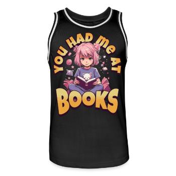 You had me at Books - Kawaii Girl for Bookworms - Men's Basketball Jersey - black/white - Front - AI Model Male 185 dark (185cm)