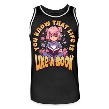 Life is like a Book - Kawaii Girl for Bookworms - Men's Basketball Jersey - black/white - Front - AI Model Male 185 dark (185cm)