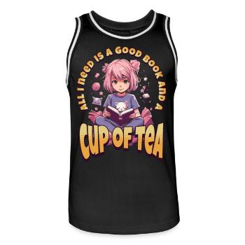 Cup of Tea - Kawaii Anime Girl for Bookworms - Men's Basketball Jersey - black/white - Front - AI Model Male 185 dark (185cm)