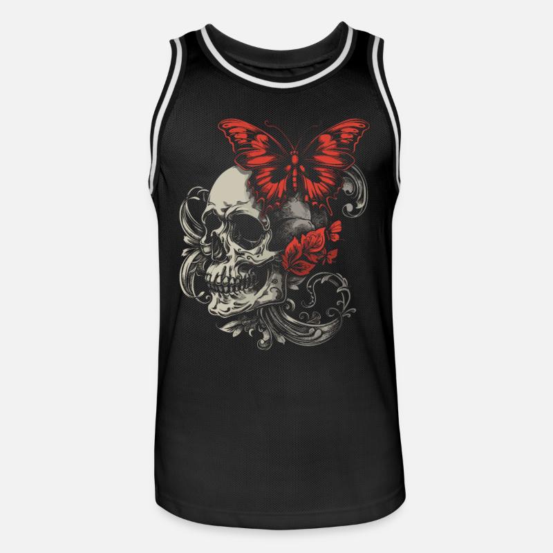 Crâne Halloween avec papillon crâne fleurs - Maillot de basket Homme - noir/blanc