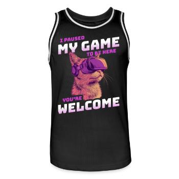 I just paused my game to be here - Cat and VR - Men's Basketball Jersey - black/white - Front - AI Model Male 185 dark (185cm)