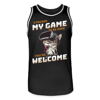 I just paused my game to be here - Katze mit VR - Männer Basketball-Trikot - Schwarz/Weiß - Vorne - AI Model Male 185 dark (185cm)