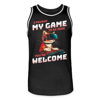 I just paused my game to be here - Cool Cat VR - Men's Basketball Jersey - black/white - Front - AI Model Male 185 dark (185cm)