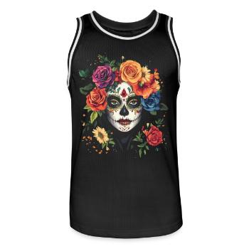 Bunte La Catrina mit Rosen und Blumen - Männer Basketball-Trikot - Schwarz/Weiß - Vorne - AI Model Male 185 dark (185cm)