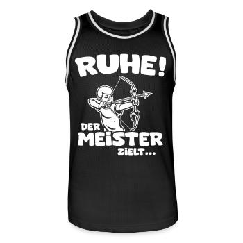 Ruhe! Der Meister zielt! Bogenschießen Bogensport - Männer Basketball-Trikot - Schwarz/Weiß - Vorne - AI Model Male 185 dark (185cm)