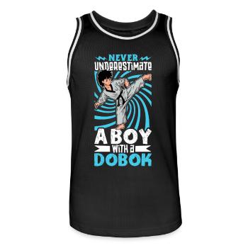 Never Underestimate the Boy in the Dobok - Tang so Do - Men's Basketball Jersey - black/white - Front - AI Model Male 185 dark (185cm)