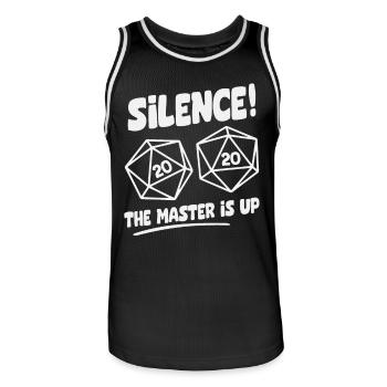 Silence! The Master Is Up D20 Cube - Men's Basketball Jersey - black/white - Front - AI Model Male 185 dark (185cm)