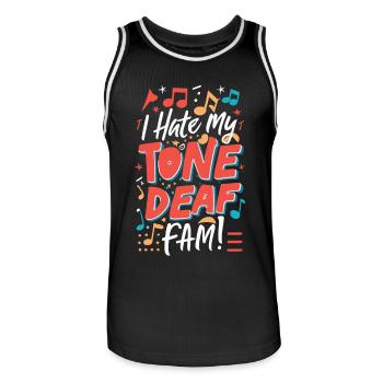 I HATE MY DEAF-TONE FAM - Men's Basketball Jersey - black/white - Front - AI Model Male 185 dark (185cm)