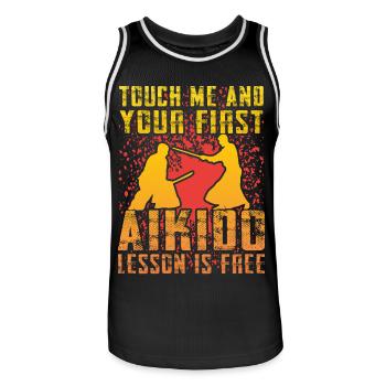 Touch me and your first Aikido lesson is free - Men's Basketball Jersey - black/white - Front - AI Model Male 185 dark (185cm)