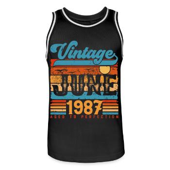 Juni 1987, Vintage-Jubiläumsgeschenk Juni 1987. - Männer Basketball-Trikot - Schwarz/Weiß - Vorne - AI Model Male 185 dark (185cm)