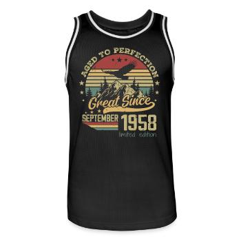 66 years old Aged to Perfection born: September 1958 - Men's Basketball Jersey - black/white - Front - AI Model Male 185 dark (185cm)