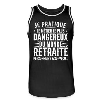 Le métier le plus dangereux du monde retraite - Maillot de basket Homme - noir/blanc - Devant - AI Model Male 185 dark (185cm)