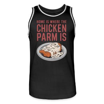 La maison est là où se trouve le poulet Parm - Chicken Parm - Maillot de basket Homme - noir/blanc - Devant - AI Model Male 185 dark (185cm)