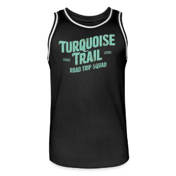 Turquoise Trail Road Trip Squad - Men's Basketball Jersey - black/white - Front - AI Model Male 185 dark (185cm)