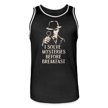 Murder Mystery Dinner Outfit - I Solve Mysteries - Men's Basketball Jersey - black/white - Front - AI Model Male 185 dark (185cm)