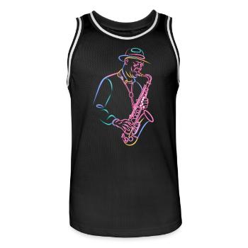 Saxophoniste de jazz passionné - Maillot de basket Homme - noir/blanc - Devant - AI Model Male 185 dark (185cm)