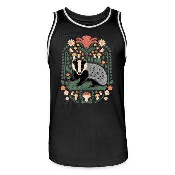 Cottagecore badger motif with flowers and mushrooms - Men's Basketball Jersey - black/white - Front - AI Model Male 185 dark (185cm)