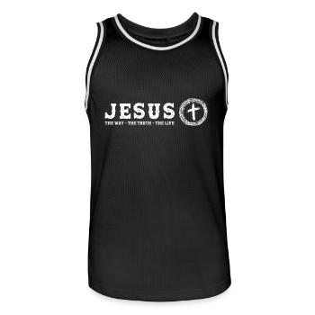 Jesus The Way The Truth The Life - 1 Cross 3 - Men's Basketball Jersey - black/white - Front - AI Model Male 185 dark (185cm)