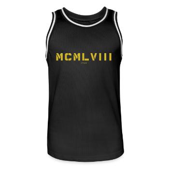 With Roman numerals MCMLVIII - 1958 - Men's Basketball Jersey - black/white - Front - AI Model Male 185 dark (185cm)
