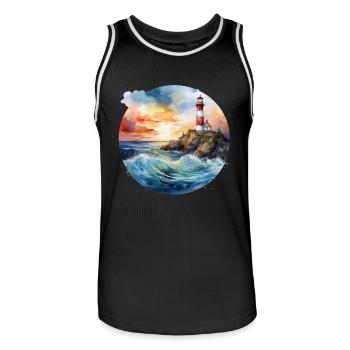 Phare majestueux au coucher du soleil avec des vagues déferlantes - Maillot de basket Homme - noir/blanc - Devant - AI Model Male 185 dark (185cm)