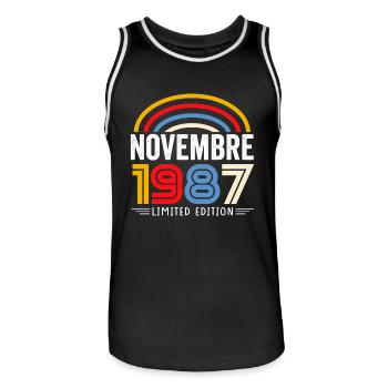 1987 November Birthday Gift. November 1987 - Men's Basketball Jersey - black/white - Front - AI Model Male 185 dark (185cm)
