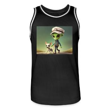 cute little green retro alien take the dog out - Men's Basketball Jersey - black/white - Front - AI Model Male 185 dark (185cm)